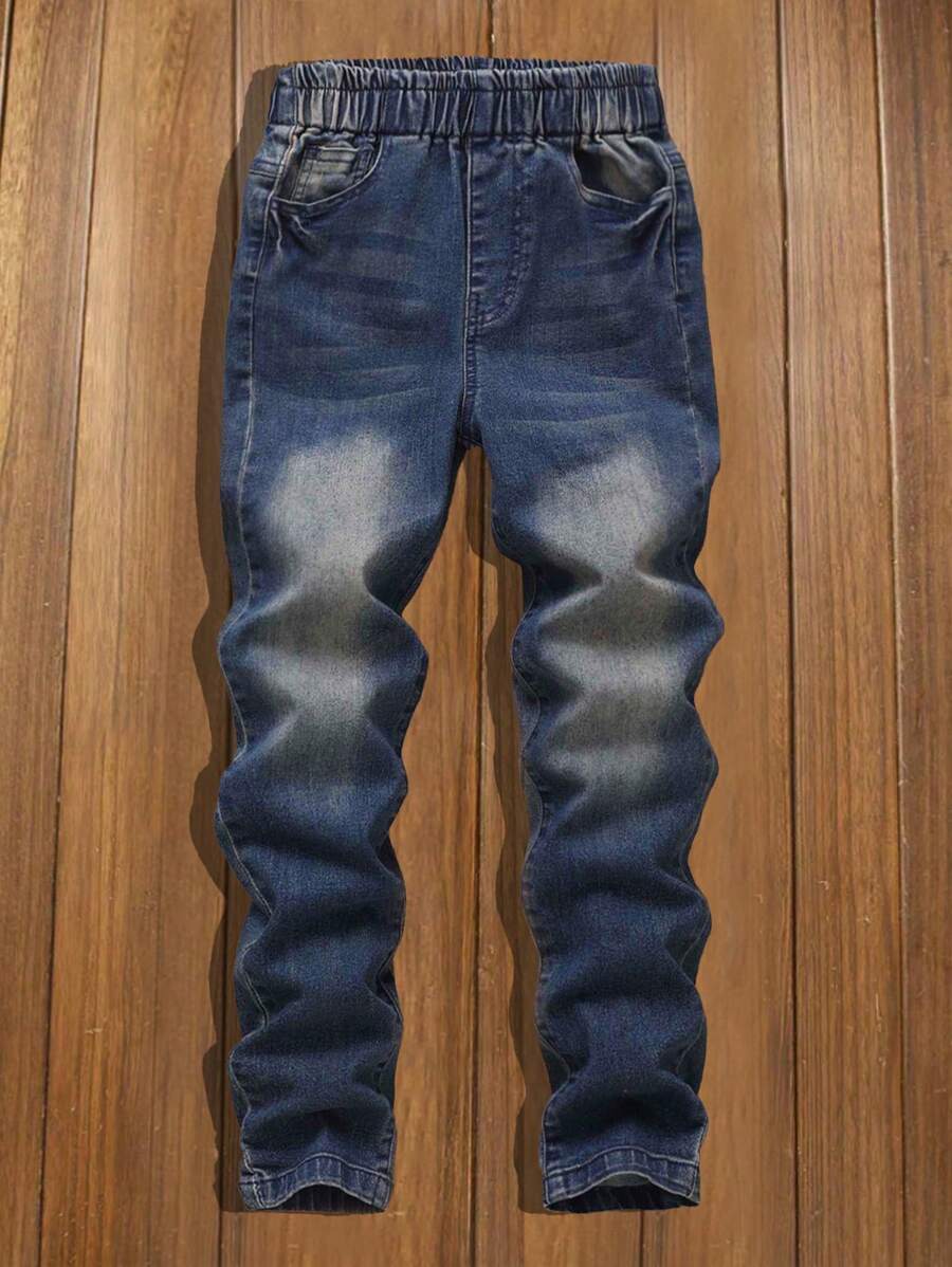 SHEIN Tween Boy Casual Simple Preppy  Cat Whisker Elastic Waist  Jeans, School, Campus, College Chic Outfits For Autumn/Winter - Dark Wash - View 1