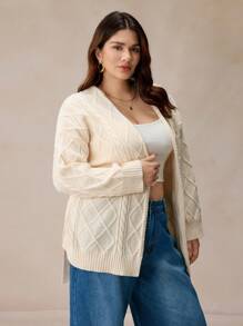 Elaquor Plus Size Casual Solid Color Drop Shoulder Loose Cable Knit Argyle Cardigan With Belt