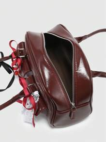 ROMWE Kawaii 女士复古可爱格子蝴蝶结肩带樱桃心形装饰单肩腋下包，带多口袋波士顿挎包 - 棕色 - 查看 6