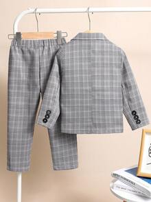 SHEIN 3 pièces Ensemble costume de jeune homme élégant comprenant veste simple à revers grise à manches longues, gilet décoré de pièces de monnaie rouges et nœud papillon, pantalon habillé, convient pour anniversaire, mariage, cérémonie, rentrée scolaire - Gris foncé - Voir 2