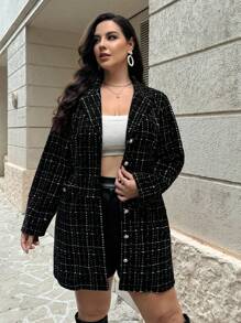 SHEIN Privé 大码女式仿珍珠纽扣装饰长袖夹克 - 黑與白 - 查看 4