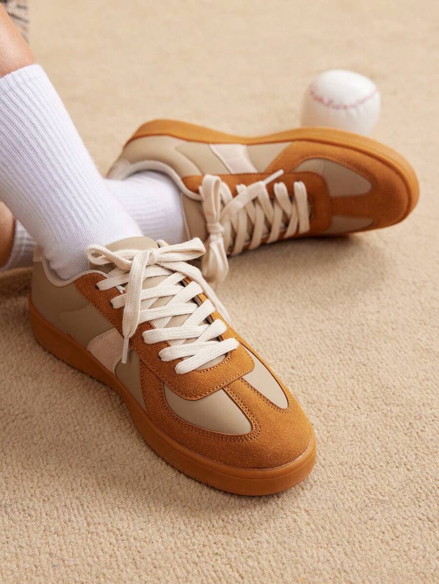 CUCCOO EASI Women's Fashion Retro Casual Athletic Sneakers With Geometric Design, Lace-Up Round Toe Low-Top Slip-On Skateboard Shoes, Suitable For Daily Life, Vacation, And All-Season Wear Fall Tainers