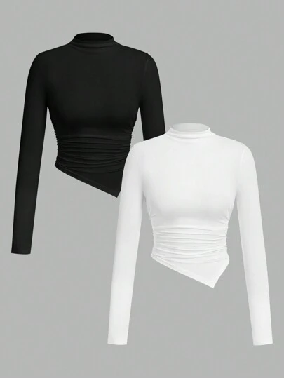 SHEIN SXY Set de 2 camisetas de manga larga con cuello alto y bajo asimétrico