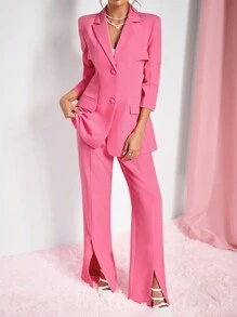 SHEIN SXY Bộ đồ vest và quần blazer cài nút phía trước màu hồng thanh lịch gợi cảm cho quý cô công sở khi đi làm, mùa thu/đông - Màu Hồng Tươi - Xem 1