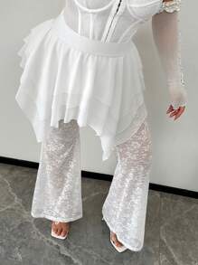 SHEIN SXY 大码女式蕾丝下摆细节喇叭裤，适合圣诞夜、秋冬季、约会之夜、生日、单身派对、可爱、休闲、购物、街头服饰、外出，易于搭配且看起来苗条，突出您的身材，凸显身材 - 白色 - 查看 4