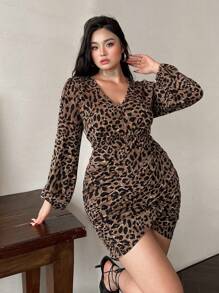 SHEIN Clasi Váy midi họa tiết da báo nâu cổ chữ V cỡ lớn có viền bất đối xứng - Nhiều màu - Xem 6