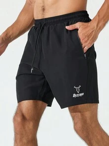 Manfinity Sport Corelite 男友风男士抽绳字母图案印花口袋休闲运动短裤，夏季 - 黑色 - 查看 4