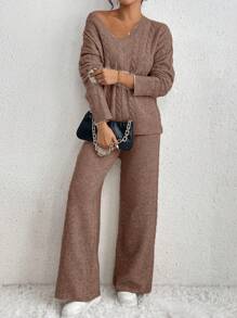 RosyDaze Set de 2 piezas con suéter de manga larga de cuello en V de hombros caídos sólido y pantalones de punto casual para mujer, para otoño/invierno