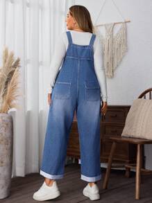 EMERY ROSE 大码休闲水洗宽松牛仔背带裤 - 中等水洗藍 - 查看 2