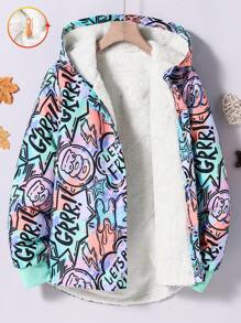 SHEIN Tween Girls All-Over Print Thermal Lined Hooded Winter Jacket - Mint Green - View 1