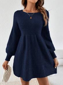 SHEIN Frenchy Solid Color Crew Neck Casual Versatile Long Sleeve Sweater Dress In Fall/Winter Blue
