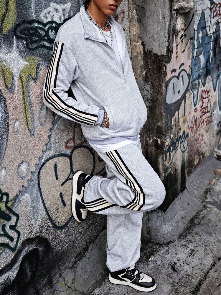 SHEIN Coolqubz 2 件套休闲时尚连帽衫和运动裤套装，适合青少年男孩，舒适 - 灰色 - 查看 5