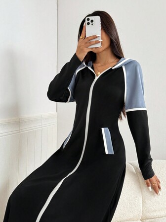 Mulvari Rochie de damă, ocazională, contrastantă, cu buzunar înclinat, cu fermoar, cu glugă, cu glugă, modestă, cu mânecă lungă, rochie sportivă cu glugă