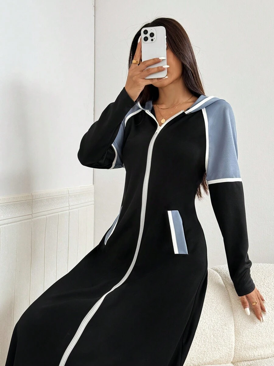 Mulvari Women's Casual Contrast Piping Slant Pocket Zipper Front Hooded Arabian Modest Long Sleeve Dress Sporty Dresshooded Dress - Black - View 1