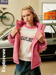 SHEIN Jaket Empuk Hangat Nyaman Kasual untuk Anak Perempuan Usia Remaja dengan Desain Bermotif, Cocok untuk Penggunaan di Dalam dan Luar Ruangan - Baby Pink - View 8