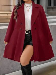 Celure 大码女式纯色翻领双排扣优雅夹克，秋冬 - 酒紅色 - 查看 4