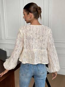 SHEIN Frenchy 女士休闲优雅前系带灯笼袖秋季衬衫，女士秋季前系带长袖短款休闲衬衫，教师服装，秋季服装，秋季婚礼宾客礼服，黄色女式连衣裙，冬季上衣，服装，可爱女式衬衫，女士办公室服装，长袖衬衫，女士亚麻服装，秋季女式服装，圣诞派对单袖衬衫，冬季上衣 - 杏色 - 查看 2