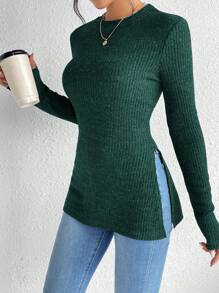 SHEIN Frenchy Camiseta de punto de cuello redondo con dobladillo acanalado de tela de grano dividido sólida
