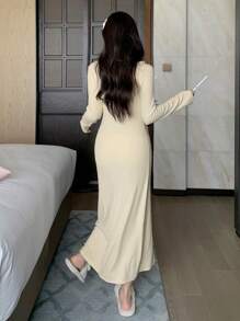 DAZY Ruffle Collar Fitted Casual House Dress Pajama - Beige - View 2