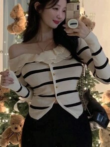 DAZY Áo khoác cardigan lửng hở vai, ôm sát cơ thể, họa tiết kẻ sọc, thời trang xuân thu cho nữ - Màu be - Xem 1