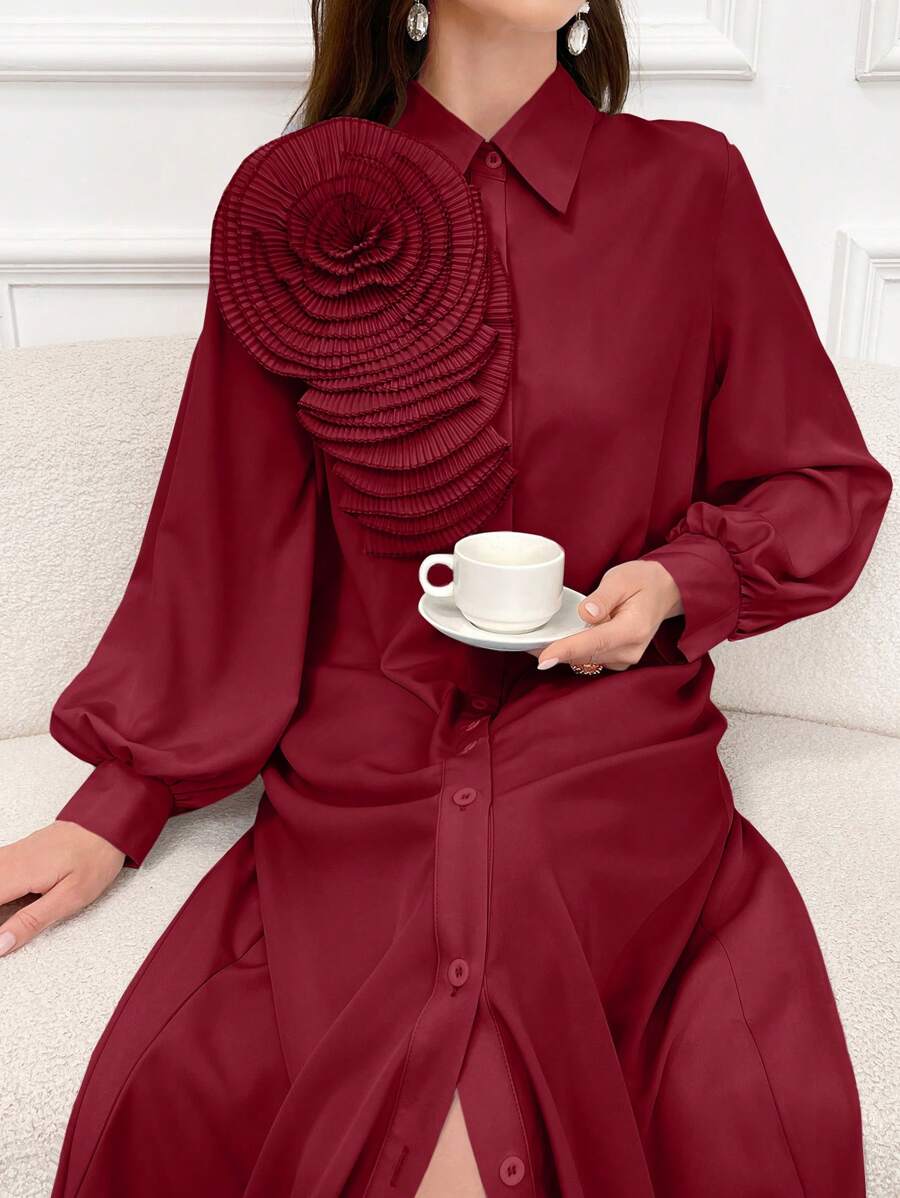 Al Najma Váy Abaya dài màu đỏ tía thanh lịch dành cho nữ, trang trí hoa 3D, cài nút phía trước, mùa xuân thu, váy Ả Rập dài tay thanh lịch, giản dị - Màu Đỏ Sâu - Xem 1