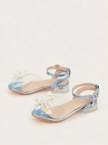 1 双儿童蓝色粗高跟闪光蝴蝶水晶装饰舒适凉鞋，可爱女童鞋，适合春夏秋季 - 藍色 - 查看 2