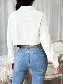 SHEIN EZwear Women's Plain Color Single-Breasted Drop Shoulder Long Sleeve Cropped Casual Jacket, Autumn - White - View 2