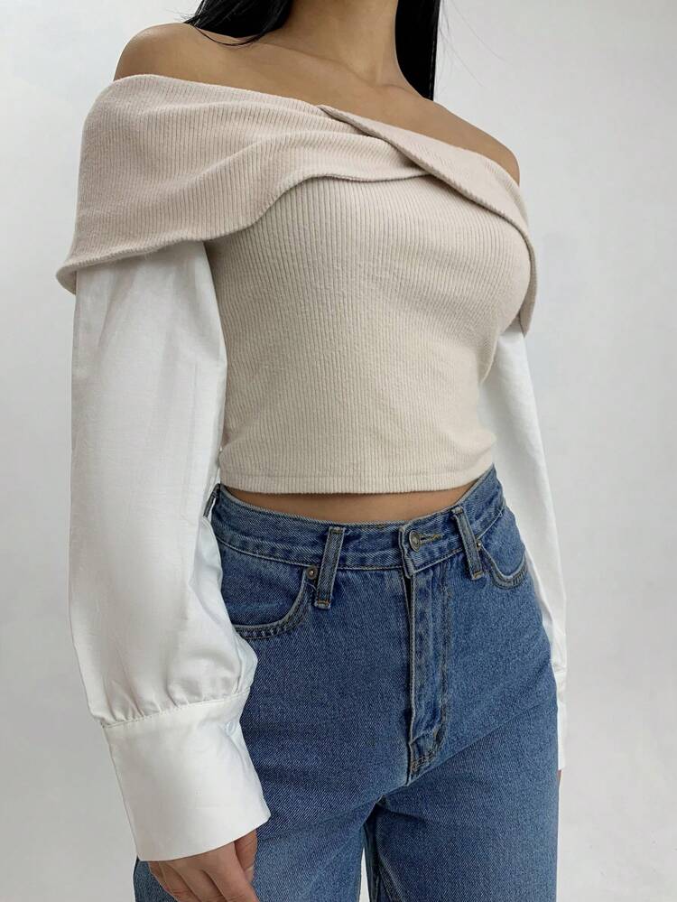 Women's Fashion Color Block Off Shoulder Twist Slim Fit Sweatshirt, Autumn