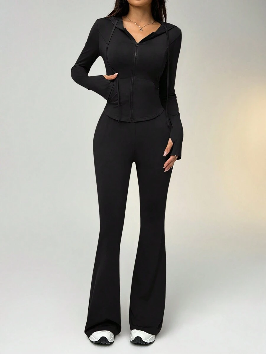 SHEIN EZwear Women's Solid Color Zip-Up Drawstring Hooded Sweatshirt And Flared Pants Set, Sports Suit