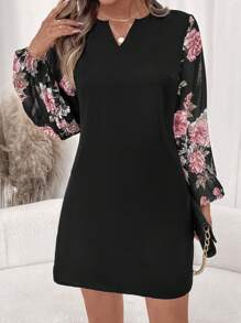 SHEIN Clasi 女士优雅 C 领花卉印花拼布长袖短款宽松连衣裙 - 彩色 - 查看 6