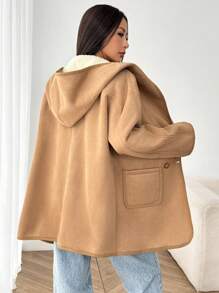 SHEIN EZwear 女款复合羊毛连帽衫 - 棕色 - 查看 2
