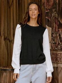 LanaWest Women Crew Neck Colorblock Puff Sleeve Knitted Sweater, Autumn/Winter  Fall Outfit