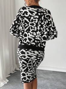 SHEIN Unity 2 件套女士休闲高端豹纹针织套装 - 黑色 - 查看 3