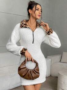 SHEIN Unity 1pc Women Solid Color Contrast Zipper Front Long Sleeve Minimalist Short Dress - Beige - View 6