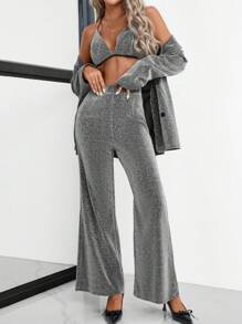 SHEIN Clasi 女士优雅三件套服装：亮片翻领西装外套、无袖上衣和裤子，秋季 - 銀色 - 查看 6