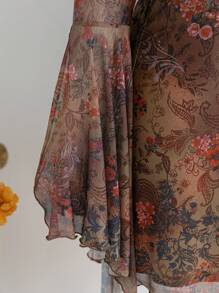 Soleia 大码女式佩斯利花卉印花 V 领喇叭袖连衣裙，度假/返校装，初秋 - 彩色 - 查看 5