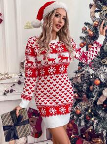 SHEIN LUNE Women's Christmas Pattern Knit Mini Dress - Red and White - View 6