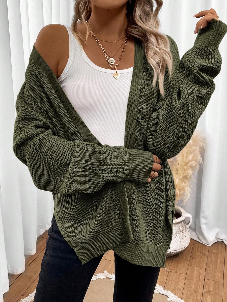 SHEIN LUNE 秋冬大码女式纯色休闲长袖开衫 - 軍綠色 - 查看 1
