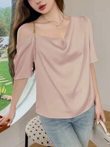 DAZY 女士夏季休闲优雅链条细节短袖衬衫 - 粉色 - 查看 5