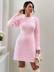 EURMUSE Casual Crew Neck Cable Knit Combined With Rib Knit Mini Cute Sweater Dress - Pink - View 6