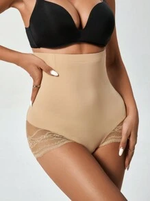 Women Solid Color High-Waist Lace Splicing Shapewear Panty - Apricot - View 5