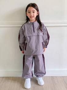 DAZY Bộ đồ thường ngày cho bé gái có cổ đứng, khóa kéo nửa màu tương phản, áo dài tay và quần dài - Màu tím - Xem 1