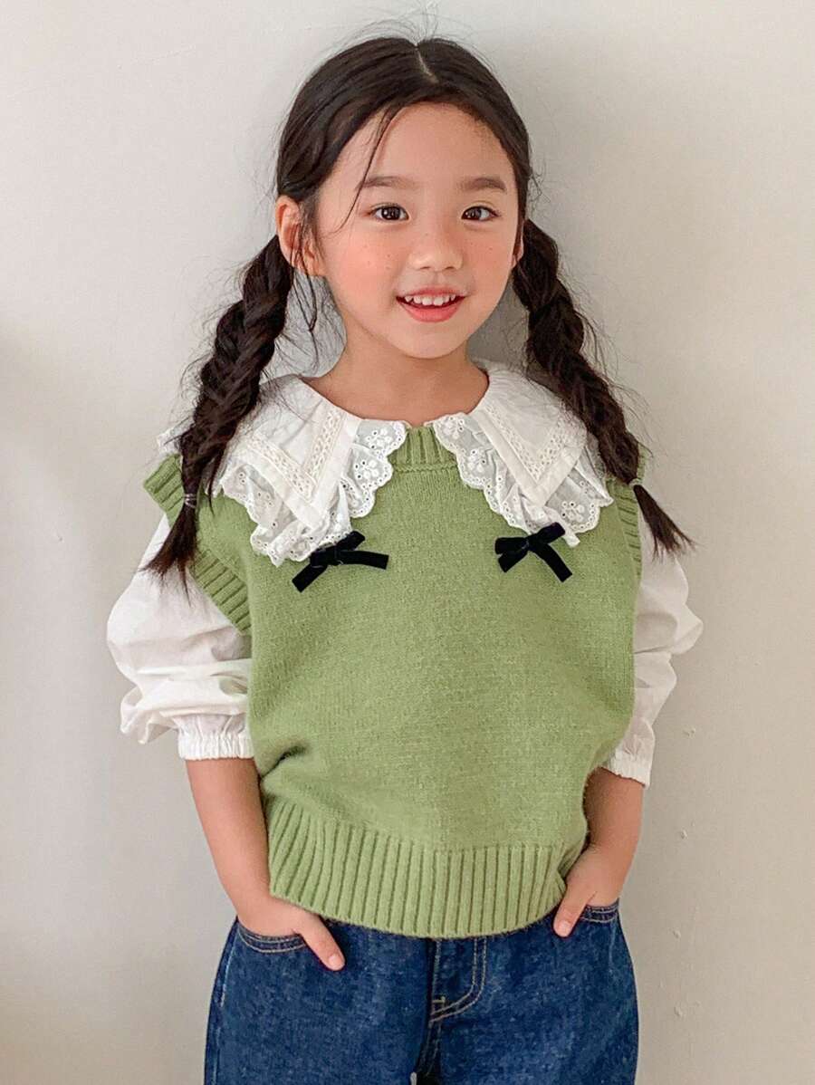 DAZY Young Girl Round Neck Sweater Vest - Green - View 1