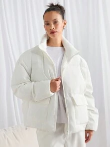 Manfinity VCAY 男士编织宽松立领休闲棉服外套，适合冬季日常穿着，外出白色泡泡大衣，送给朋友，丈夫，男朋友的礼物 - 白色 - 查看 2