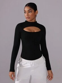 Easithlete 女士休闲镂空纯色长袖运动连体裤，适合秋季 - 黑色 - 查看 4