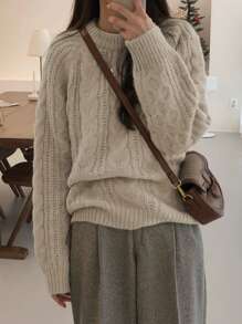 DAZY 女式纯色麻花针织圆领长袖毛衣，秋季女装 - 卡其色 - 查看 4