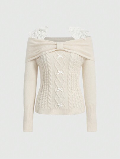 Kawaii Lovely Open Shoulder Sweater With Lace Trim And Twisted Detail, Adorned With Bowknot