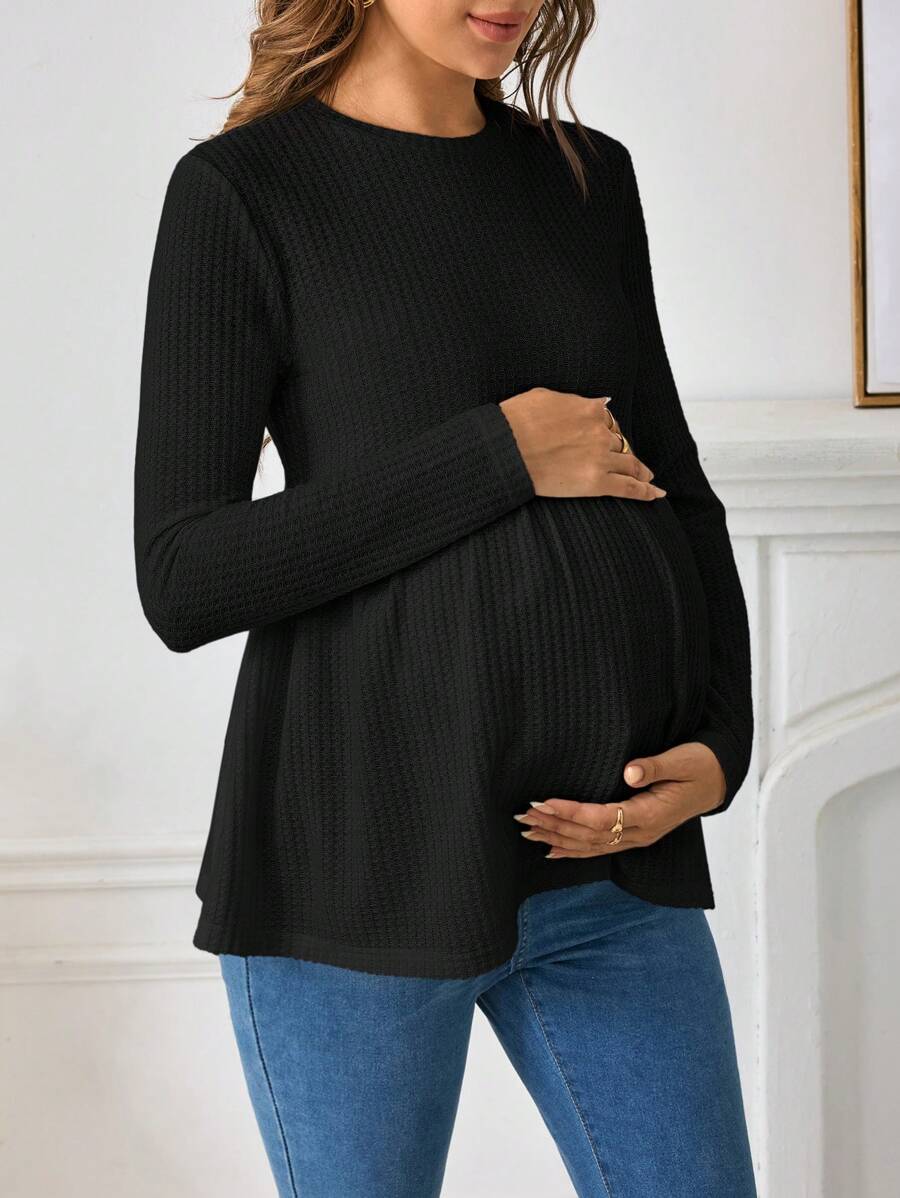 SHEIN Maternity Solid Peplum Long Sleeve Tee Fall Winter, Fall Winter Tee - Black - View 1