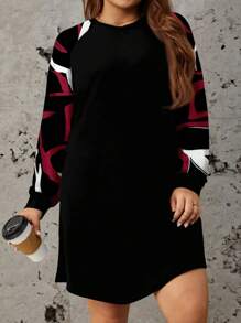 EMERY ROSE Plus Size Vrouwen Geometrisch Patroon Elegante Raglan Mouw Knielange Jurk, Geschikt Voor Herfst/Winter