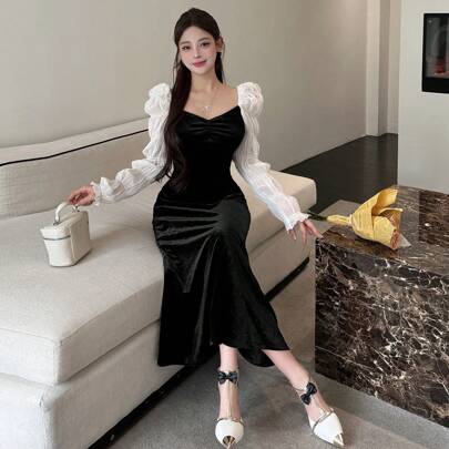 여성용 맥시 대비 소재 패치워크 피티드 파티 벨벳 드레스, 러플 가을, 겨울
